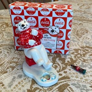 Coca cola ceramic polar bear figurine - fishing